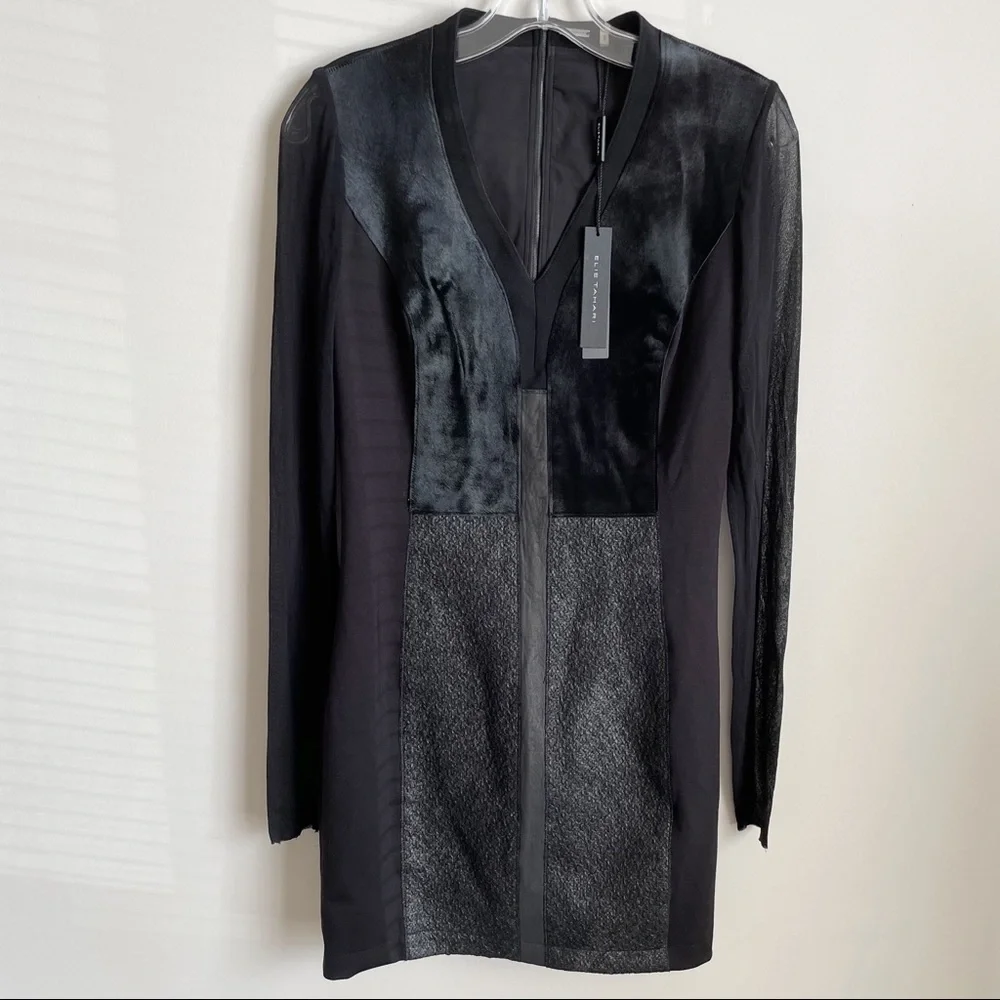 NEW Elie Tahari Lane Combo Calf Hair & Leather Sheath Dress - Picture 5 of 7